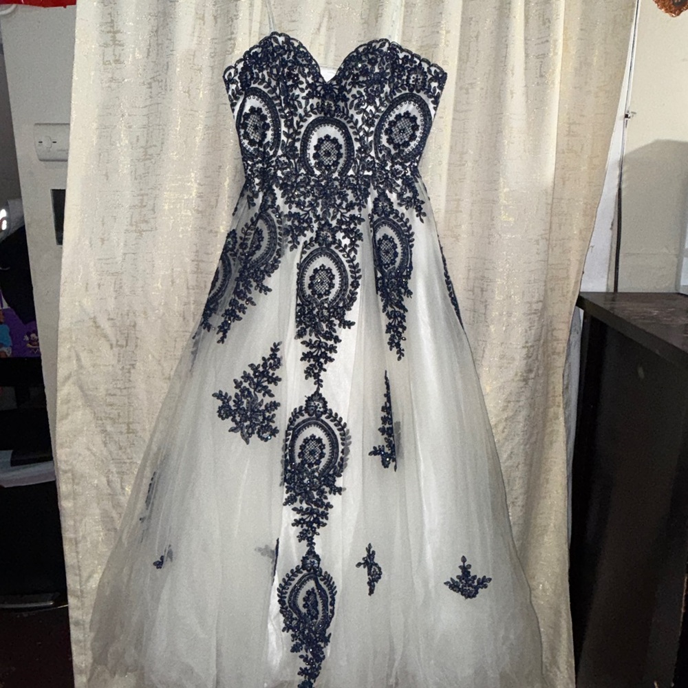 Camille La Vie Strapless Gown with Navy and White
